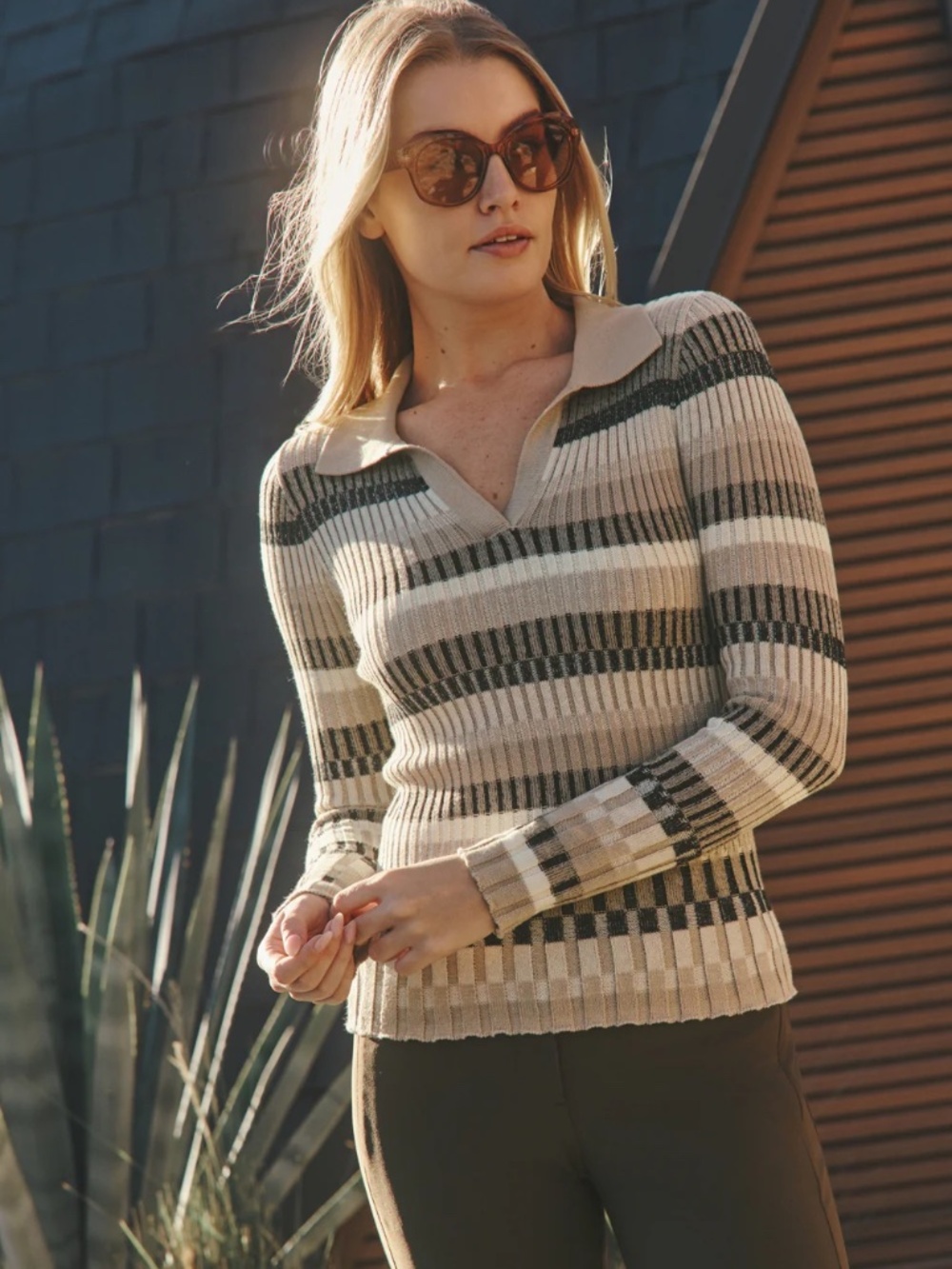Women's Alp N Rock Luisa Polo Sweater Striped "Stone" Color Stretchy Sz XS $258